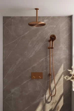Affaire À Saisir Brauer Copper Carving Douche pluie encastrable - thermostatique - boutons poussoirs - SET 72 - pommeau 30cm - bras plafond - douchette 3 jets - flexible - barre curseur intégrée - Cuivre brossé PVD