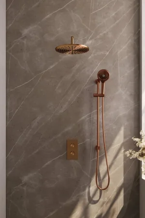 Acheter Direct Ensemble de douche pluie encastré Brauer Copper Carving - douche principale 30 cm - bouton Carving - douchette ronde 3 positions - glissière - PVD - cuivre brossé