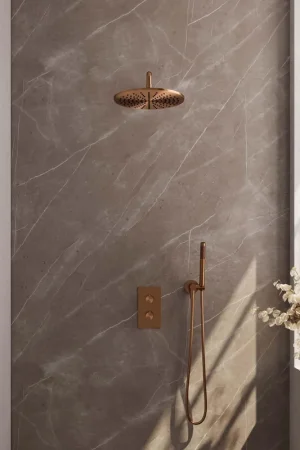 Acheter Direct Brauer Copper Carving Douche pluie thermostatique avec pommeau 30cm et bras mural courbé 40cm et douchette Stylo 1 jet flexible lisse avec coude mural Cuivre brossé PVD
