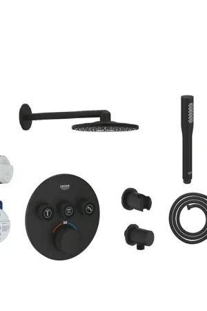 Affaire À Saisir GROHE Grohtherm SmartControl Ensemble de douche à effet pluie - encastré - inverseur à 3 voies - thermostatique - bras mural - tête de douche ronde - douchette à main en barre - phantom black (noir mat)