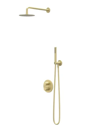 Acheter En Ligne IVY Bond Ensemble de douche à effet pluie - encastré - inverseur d’arrêt 2 voies - bras de douche mural 40 cm - tête de douche slim ronde 25 cm - support avec sortie - flexible de douche 150 cm - douchette à main bâton - or brossé mat PVD