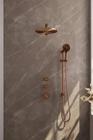 Achetez Aujourd'hui Brauer Copper Edition Ensemble de douche pluie encastré - douche principale 30cm - 3 boutons lisses - bras mural droit - glissière - douchette ronde 3 positions - PVD - cuivre brossé