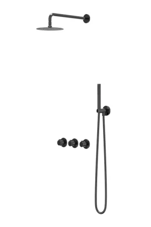 Vente Directe IVY Pact Ensemble de douche à effet pluie - encastré - symmetry - 2 robinets d‘arrêt - bras mural 40 cm - large tête de douche 30 cm - barre de douche avec sortie - flexible de douche 150 cm - douchette satin spray - Chrome noir PVD