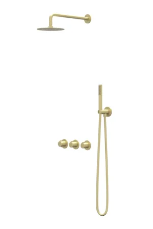 Vente Flash IVY Pact Ensemble de douche à effet pluie - encastré - symmetry - 2 robinets d‘arrêt - bras de plafond 15 cm - pomme de douche principale medium 20 cm - support avec sortie - flexible de douche 150 cm - douchette satin spray - Or brossé mat PVD