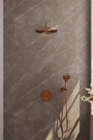 Usine Directe BRAUER Copper Edition douche de pluie encastrée thermostatique - 3 voies - rond - set 82 - pomme de douche 30cm - bras mural courbé - douchette 3 jets - flexible de douche - coude d‘alimentation mural - cuivre brossé PVD