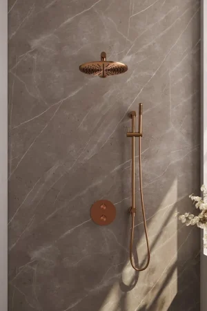 Acheter Direct BRAUER Copper Carving douche de pluie encastrée thermostatique - 3 voies - ronde - set 86 - pomme de douche 30cm - bras mural droit - douchette barre - flexible de douche - barre de douche intégrée - cuivre brossé PVD