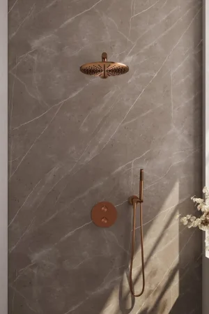Achat Immédiat BRAUER Copper Carving douche de pluie encastrée thermostatique - 3 voies - rond - set 74 - pomme de douche 30 cm - bras mural droit - douchette barre - flexible de douche - raccord mural coudé - cuivre brossé PVD