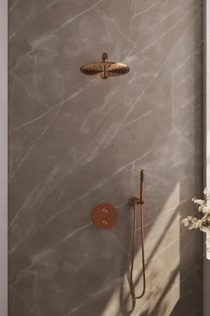 Achetez Aujourd'hui BRAUER Copper Edition douche de pluie encastrée thermostatique - 3 voies - rond - ensemble 74 - pomme de douche 30 cm - bras mural droit - douchette barre - flexible de douche - coude d‘alimentation mural - cuivre brossé PVD