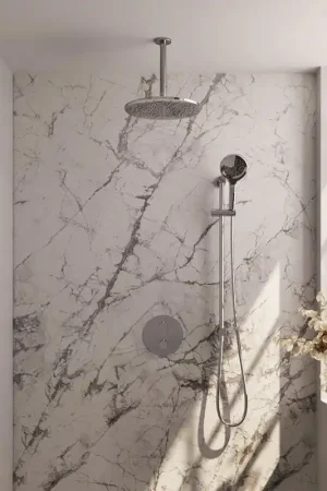 Affaire À Saisir BRAUER Chrome Carving douche de pluie encastrée thermostatique - 3 voies - ronde - set 96 - pomme de douche 30cm - bras de plafond - douchette à main 3 jets - flexible de douche - barre de douche intégrée - chrome
