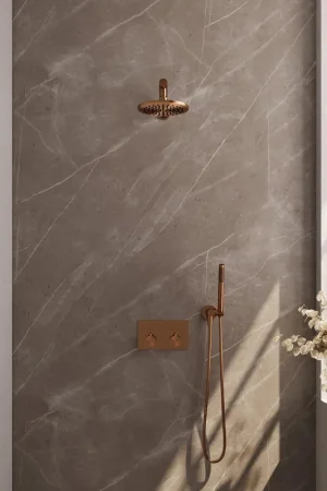 Vente Flash Brauer Copper Edition Douche pluie encastrable - thermostatique - boutons poussoirs - SET 49 - pommeau 20cm - bras mural droit - douchette stick - flexible - coude mural - Cuivre brossé PVD