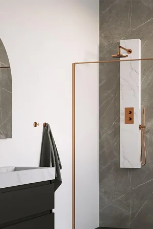 Achetez Aujourd'hui BRAUER Copper Edition panneau de douche thermostatique - 2 fonctions - calacatta gold SET 01 - pomme de douche 20cm - bras mural courbé - douchette barre - coude de raccordement mural - flexible de douche - cuivre brossé PVD