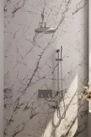 Vente Directe BRAUER Brushed Edition Douche de pluie thermostatique encastrée - boutons-poussoirs - SET 64 - pomme de douche 30cm - bras mural courbé - douchette barre - flexible de douche - barre de douche intégrée - inox brossé PVD