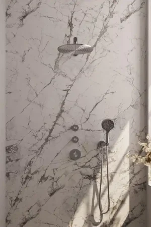 Vente Directe Brauer Brushed Carving Douche pluie thermostatique avec pommeau 30cm et bras mural courbé 40cm et douchette Rond 3 jet flexible lisse avec coude mural Inox brossé PVD
