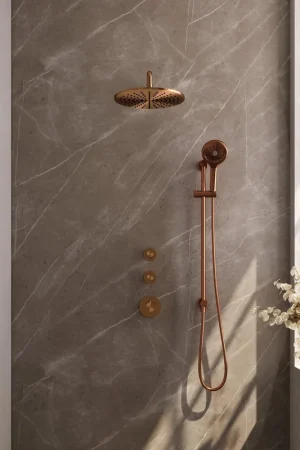 Usine Directe Brauer Copper Carving Colonne de douche thermostatique avec pommeau 30cm et bras mural courbé 40cm et douchette Rond 3 jet flexible lisse avec coude mural Cuivre brossé PVD