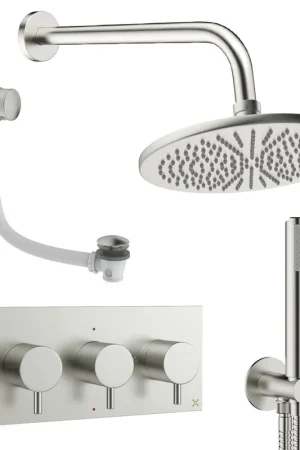 Vente Directe Crosswater MPRO Ensemble de douche de tête encastré - 3 leviers - vidage de baignoire - pomme de douche 30 cm - douchette à main - bras mural - inox brossé
