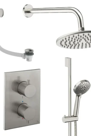 Vente Directe Crosswater MPRO Ensemble de douche de pluie encastré - 2 poignées - vidage de baignoire - pomme de douche 20 cm - douchette à main - barre de douche - bras mural - inox brossé