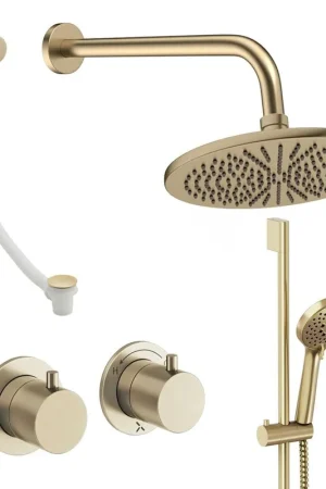Vente Flash Crosswater Module Ensemble de douche pluie encastré - 2 poignées - vidage de baignoire - pomme de douche 30 cm - douchette - barre de douche - bras mural - laiton brossé