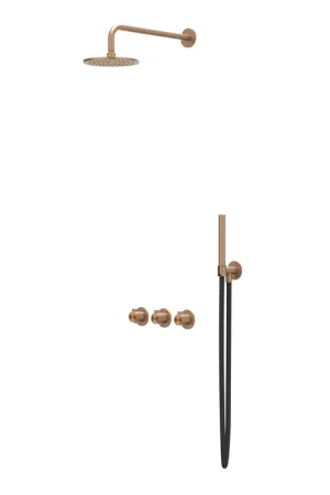 Affaire À Saisir IVY Tribe Ensemble de douche de tête - encastré - symmetry - 2 robinets d’arrêt - bras de plafond 20 cm - douche de tête medium 20 cm - support avec sortie - flexible de douche 150 cm - douchette barre - RVS316 - cuivre brossé mat PVD