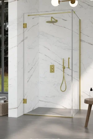Acheter Direct Fortifura Galeria Cabine de douche - 100x80x200cm - scharnières - barre de renfort - poignée plat - verre clair - Laiton brossé PVD