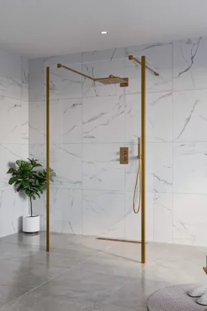 Achat Immédiat Fortifura Galeria Douche à l‘italienne - 110x200cm - verre clair - anticalcaire - verre de sécurité 8mm - 2 parois latérales 30cm - avec bras muraux et profilés d‘angle - Cuivre brossé