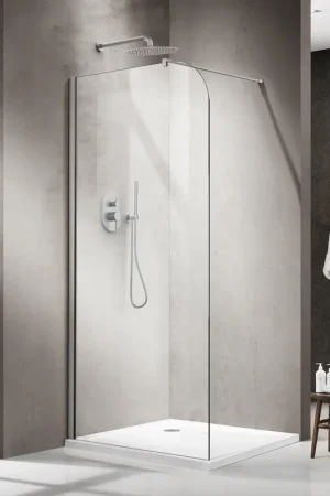 Acheter Direct Fortifura Galeria Paroi de douche à l‘italienne - 120x200cm - paroi en verre arrondie - verre transparent - barre de fixation murale - acier inoxydable brossé PVD