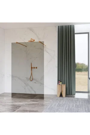 Vente Directe Fortifura Galeria Douche à l‘italienne - 110x200cm - Fumé - anticalcaire - verre de sécurité 8mm - bras muraux - Cuivre brossé
