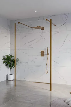 Achat Immédiat Fortifura Galeria Douche à l‘italienne - 120x200cm - verre clair - anticalcaire - verre de sécurité 8mm - 2 parois latérales 40cm - avec bras muraux et profilés d‘angle - Cuivre brossé