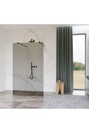 Vente Directe Fortifura Galeria Douche à l‘italienne - 90x200cm - Fumé - anticalcaire - verre de sécurité 8mm - bras muraux - Noir mat