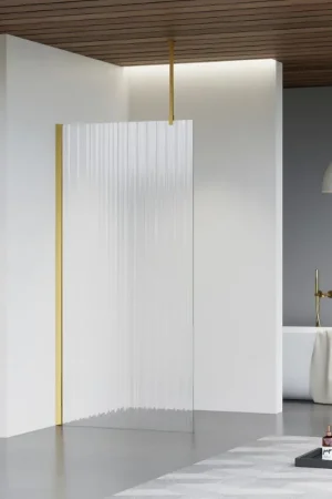 Usine Directe Fortifura Galeria Douche à l‘italienne - 30x200cm - Verre nervuré - Bras plafond - Laiton Brossé (Doré)