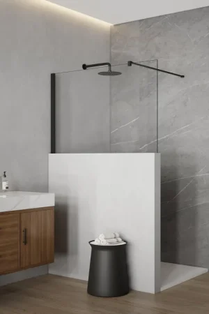 Acheter Direct Fortifura Galeria Douche à l‘italienne mi-hauteur - 110x80cm - verre clair - 8mm - nano - avec profil et barre de renfort - Noir Mat