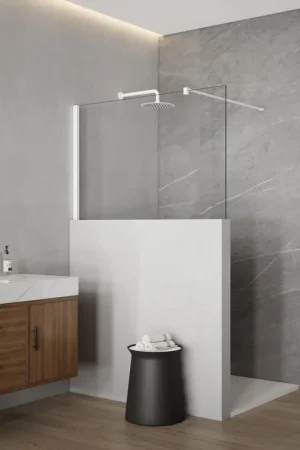 Achat Immédiat Fortifura Galeria Douche à l‘italienne mi-hauteur - 110x80cm - verre clair - 8mm - nano - avec profil et barre de renfort - Mat Blanc
