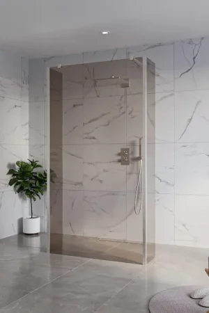 Acheter En Ligne Fortifura Galeria Douche à l‘italienne - 110x200cm - verre fumé - anticalcaire - verre de sécurité 8mm - 2 parois latérales 40cm - avec bras muraux et profilés d‘angle - Inox brossé