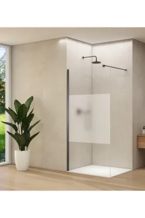 Van Rijn Products ST01 paroi fixe - 118x200cm - verre clair avec bande satinée - - épaisseur 8mm - barre de stabilisation - profil mural - Gunmetal brossé Prix Réduit