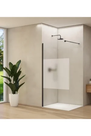Van Rijn Products ST01 paroi fixe - 88x200cm - verre clair avec bande satinée - - épaisseur 8mm - barre de stabilisation - profil mural - Noir Prix Bas