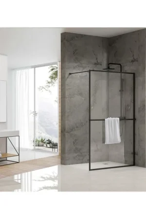 Van Rijn Products ST04 Paroi fixe - 99,5x200cm - verre clair - épaisseur 8mm - incl. porte-serviettes incl. barre de stabilisation - 120cm - noir mat Prix Choc