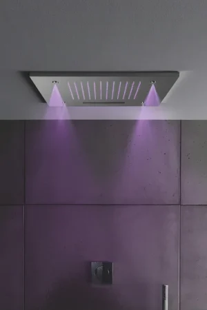 Acheter Direct Hotbath Mate pomme de douche encastrée carrée 50x50cm avec cascade et jet spray incluant éclairage LED chrome