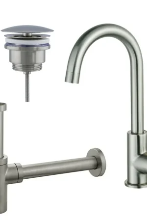 Acheter En Ligne Fortifura Calvi Kit robinet lavabo - robinet haut - bec rotatif - bonde non-obturable - siphon design - Inox brossé PVD