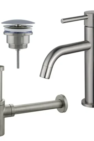 Authentique Fortifura Calvi Slim Kit mitigeur lavabo - robinet bas - bonde nonobturable - siphon design - PVD Inox brossé
