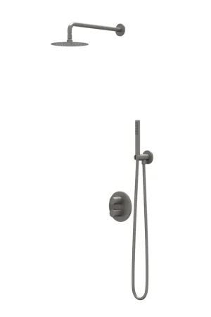Usine Directe IVY Pact Ensemble de douche pluie - encastré - inverseur-arrêt 2 voies - bras de plafond 30 cm - pomme de douche principale medium ronde 30 cm - barre de douche avec sortie - flexible de douche 150 cm - douchette satin spray - Metal black brossé PVD