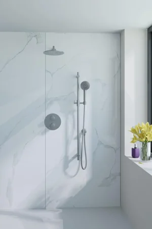 Acheter En Ligne Fortifura Calvi Ensemble de douche à encastrer - rond - thermostatique - bras mural - glissière - douche principale de 25 cm - douchette ronde - flexible lisse - Inox brossé PVD (inox)