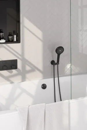 Affaire À Saisir BRAUER Stripe Mitigeur thermostatique bain - boutons-poussoirs - SET 04 - encastré - ensemble de remplissage bain - douchette à main 3 positions - flexible de douche - coude mural - noir mat