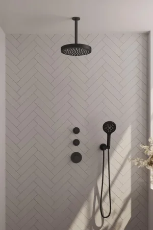Achat Immédiat BRAUER Stripe Douche de tête thermostatique encastrée - SET 03 - pomme de douche 25cm - bras plafond - douchette sur barre - flexible de douche - coude mural - noir mat