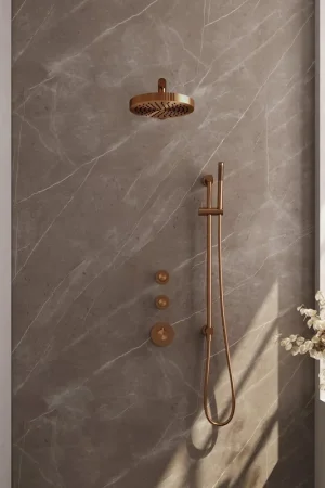 Acheter En Ligne BRAUER Stripe Douche de tête encastrée thermostatique - SET 07 - pomme de douche 25 cm - bras mural droit - douchette à main bâton - flexible de douche - barre de douche intégrée - cuivre brossé PVD