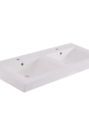 Xellanz Tigris lavabo double avec 2 trous de robinet 120x46x8 cm marbre reconstitué brillant blanc Dernière Chance