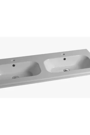 Seulement Aujourd'hui Nemo Spring Nubes tablette double en porcelaine avec 2 lavabos avec 2 trous de robinet avec trop-plein 1210 x 465 x 170 mm blanc brillant