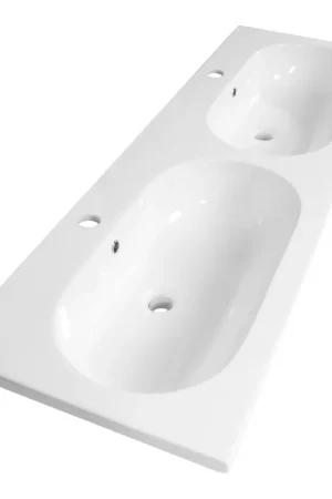 Saniclass Palermo Meuble lavabo - 140x47x3.5cm - trop-plein - 2 lavabos gauche/droite - 2 trous de robinet - céramique - blanc Prix Réduit