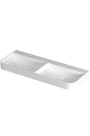 Affaire À Saisir INK Duomo Lavabo - 120x45x10cm - posé - coins arrondis - double vasque - 2 trous de robinet - polystone - blanc brillant