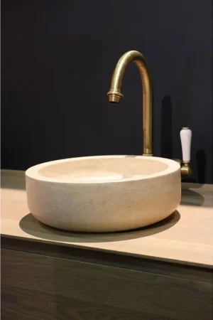 Promotion Forzalaqua Verona vasque à poser 40x40x12cm Ronde Pierre naturelle Travertin adouci