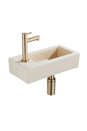Réduction QeramiQ Lave-mains Kit lave-mains - 37.5x18.5x9cm - céramique - trou de robinet gauche - robinet lave-mains en laiton brossé - bonde de vidage - siphon abaissé - Mat Beige