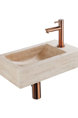 Saniclass Fuente Ensemble fontaine - 40x22x10cm - trou de robinet à droite - robinet de fontaine cuivre brossé PVD - bouchon de vidange - siphon abaissé - pierre naturelle mouchetée Promotion Saisonnière